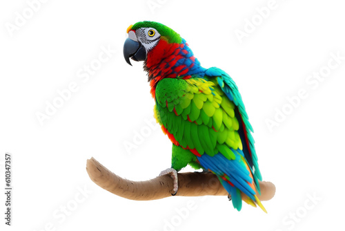 blue and green macaw parrot, sitting on a branch, isolated