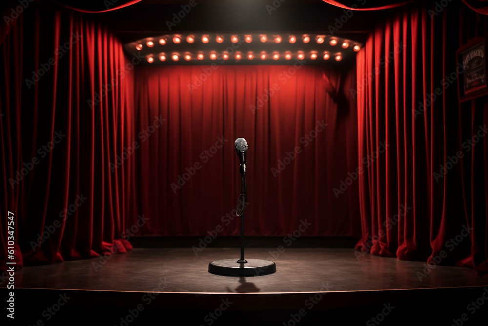 Stage with red curtains, microphone and spotlight.. Theatre, cabaret or comedy show or opera music concert club, standup scene. Beginning of the show adult entertainment advertisement. Generative AI - obrazy, fototapety, plakaty 