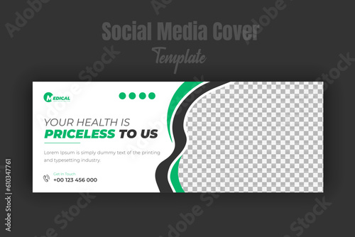 Medical healthcare social media cover design template, ad web banner with amazing green color combination shape and white background for medical business promotion