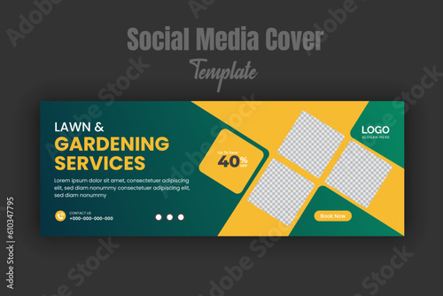 Agriculture and farm services social media post banner template, organic food web banner for lawn care, gardening, farming, mowing, landscaping services, business promotion