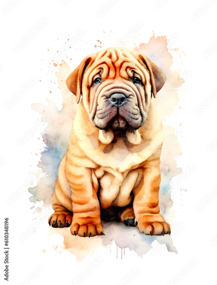 Watercolor cartoon illustration of a cute Shar Pei puppy on white background. Generative AI.