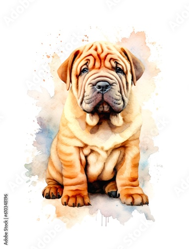 Watercolor cartoon illustration of a cute Shar Pei puppy on white background. Generative AI.