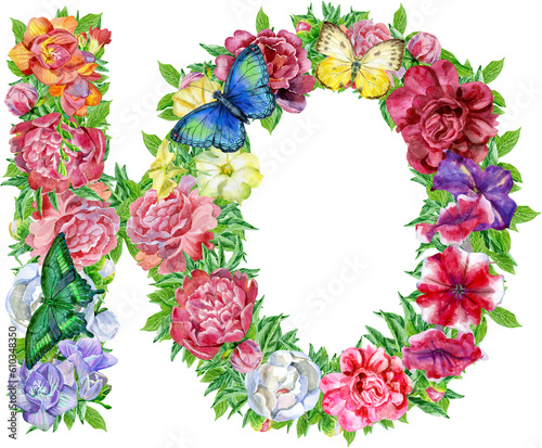 Letter of watercolor flowers. Cyrillic Russian font alphabet. 32