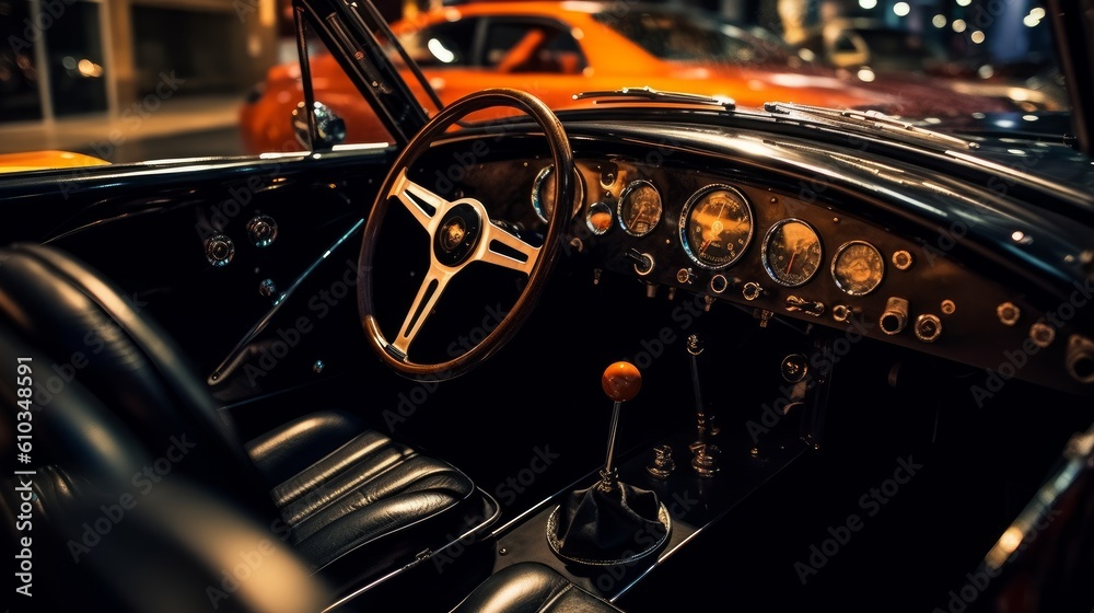 Black interior of a retro car with an illuminated control panel