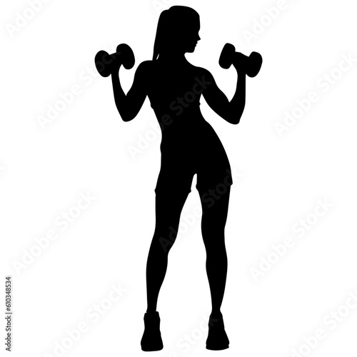 Vector illustration. Silhouette of a woman in the gym. Exercises with dumbbells.