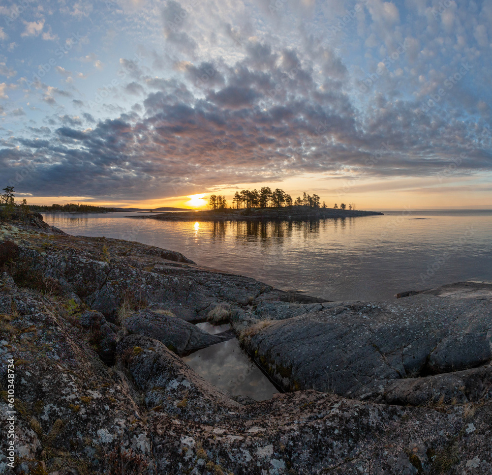 beautiful sunrise on Lake Ladoga. Ladoga Skerries National Park. Karelia, Russia