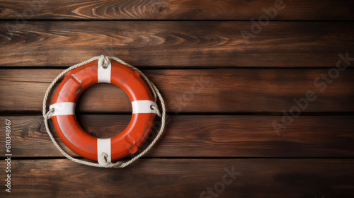 a red life preserver on a wood background. Generative AI photo
