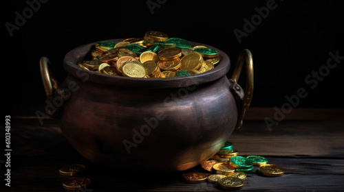a pot with gold coins. saints patrick day concept. Generative AI