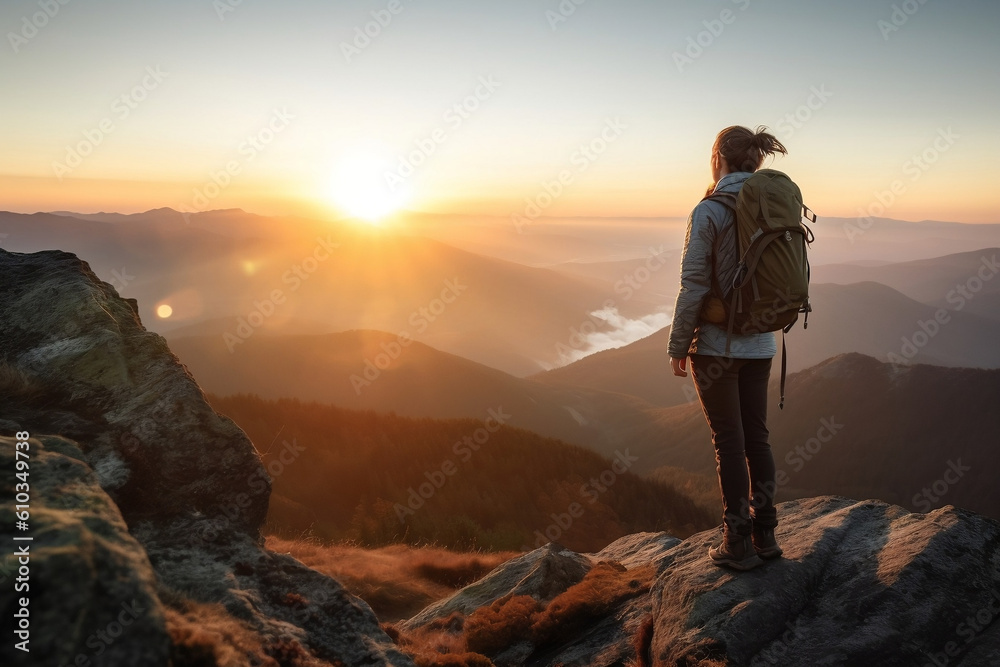 A female hiker traveler woman stands at the summit of a mountain chase looking at a beautiful stunning amazing view of the ocean sunrise or sunset. Freedom and travel concept. Generative AI Technology