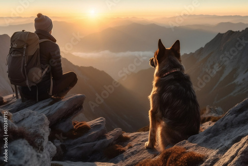 A woman with backpack and dog sitting at the summit of mountain chase looking at a beautiful stunning amazing view of the ocean sunrise or sunset. Freedom and travel concept. Generative AI Technology © Valeriia