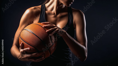 Fit athletic female basketball player holding ball close up, torso only with no face visible.