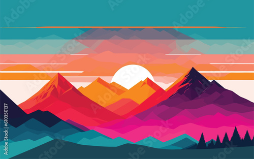 simple and minimalistic vector background image that celebrates the beauty of nature  using clean lines and vibrant colors to depict a majestic mountain range against a backdrop of a serene sunrise or