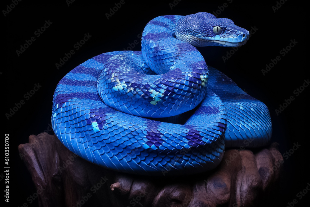 Cobalt Viper A sleek and agile reptile, its cobalt blue scales shimmering in the sunlight, evoking a sense of mystery and intrigue. generative AI. Cobalt Viper A sleek and agile reptile, its cobalt blue scales shimmering in the sunlight, evoking a sense of mystery and intrigue. generative AI.