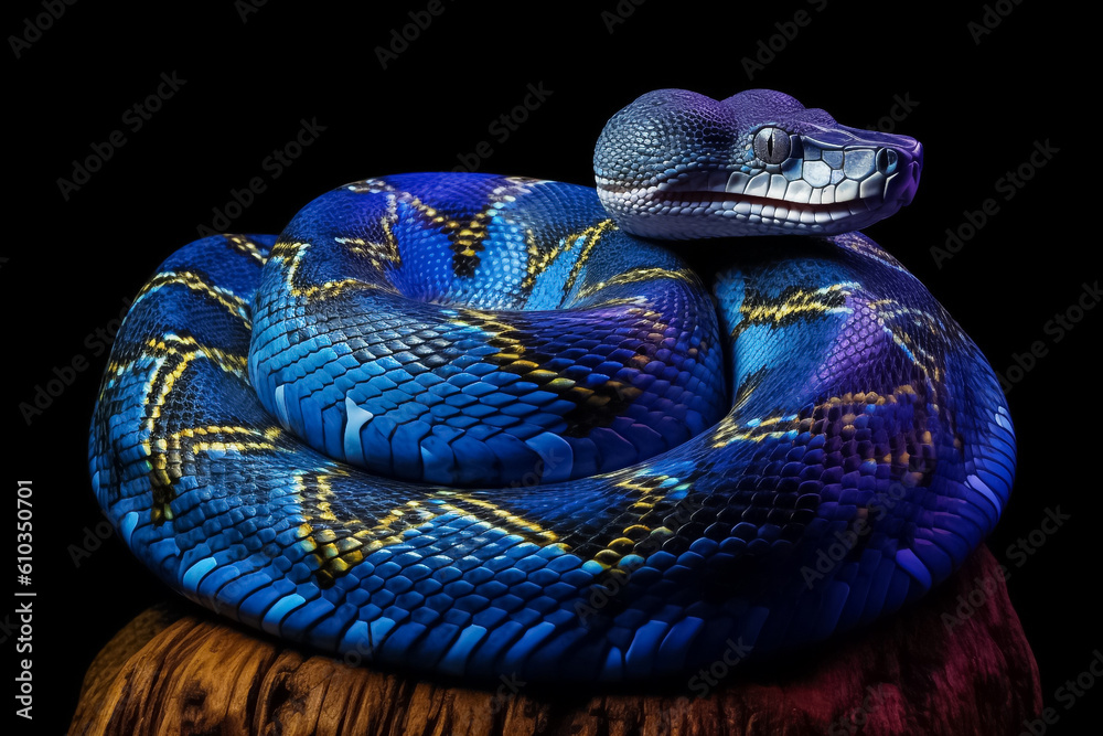 Cobalt Viper A sleek and agile reptile, its cobalt blue scales shimmering in the sunlight, evoking a sense of mystery and intrigue. generative AI. Cobalt Viper A sleek and agile reptile, its cobalt blue scales shimmering in the sunlight, evoking a sense of mystery and intrigue. generative AI.