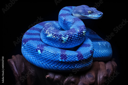 Cobalt Viper A sleek and agile reptile, its cobalt blue scales shimmering in the sunlight, evoking a sense of mystery and intrigue. generative AI.