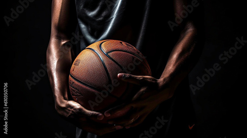 Close up photo of a basketball held by an athletic player. Dark setting, no face visible. © Caseyjadew