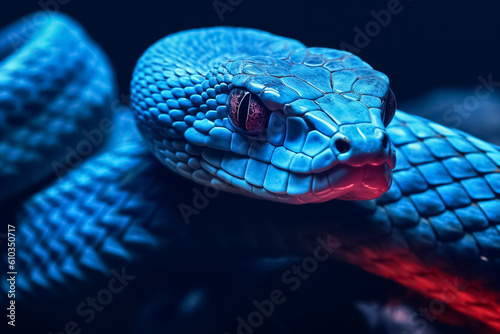 Cobalt Viper A sleek and agile reptile, its cobalt blue scales shimmering in the sunlight, evoking a sense of mystery and intrigue. generative AI.