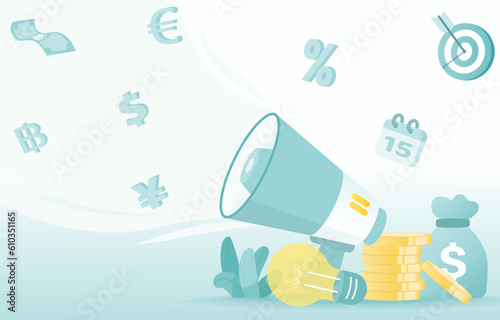 Announcement, Advertising, Communication with online digital marketing and financial concept. planning, thinking of promotion strategy or tactics to earn more money currency. Flat vector illustration.