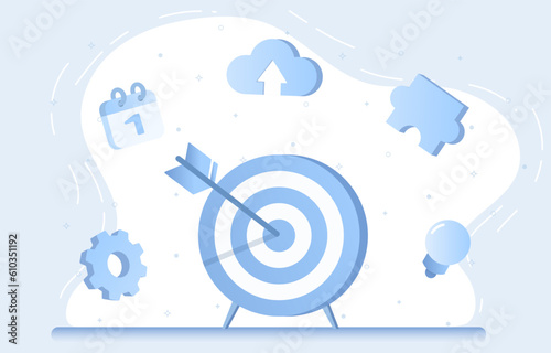 Business strategy concept. Design elements darts target in middle. Represent thinking, planning, analysis, creativity, solving problem to achieve success. Flat vector illustration.