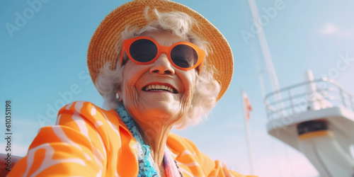 Lifestyle portrait of eccentric elderly woman in colorful orange outfit on boat vacation, Generative AI