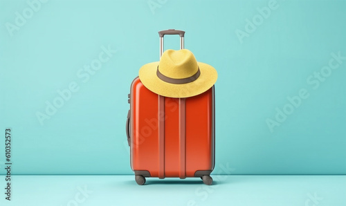 baggage hat background travel suitcase holiday blue vacation journey trip yellow. Generative AI.