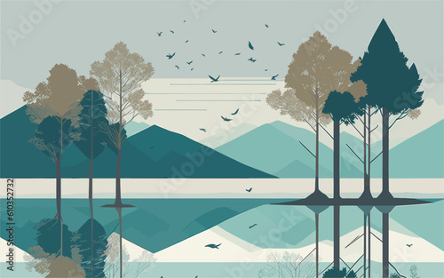vector background image that portrays the essence of tranquility in nature, using simple geometric shapes and muted colors to depict a serene lakeside scene with a single tree reflected in the calm