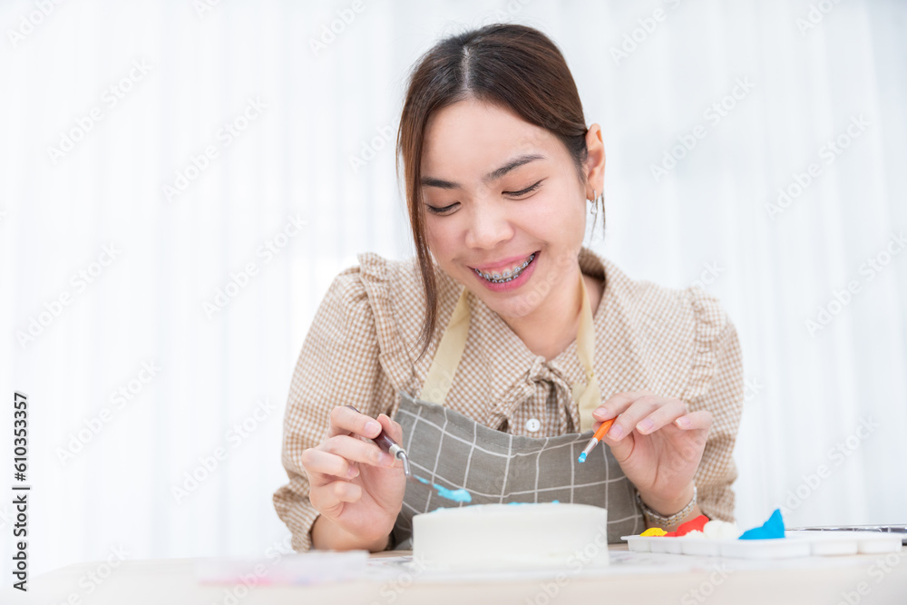 asian female chef bake delicious dessert face flour dough cake bakery with sugar cream and strawberry bake in home kitchen, homemade cake asian female chef bake delicious dessert face flour dough cake bakery with sugar cream and strawberry bake in home kitchen, homemade cake