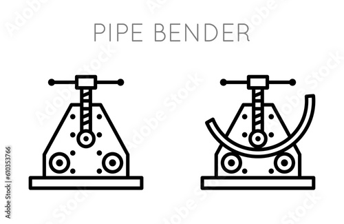 Pipe bending machine icons set. Machine for bending pipes at an angle mechanically. photo