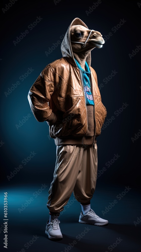 Hip Hop camel portrait in dark room, Generative Ai Hip Hop camel portrait in dark room, Generative Ai