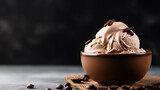 Bowl of delicious chocolate and coffee ice cream with coffee beans. Generative AI and digital editing.