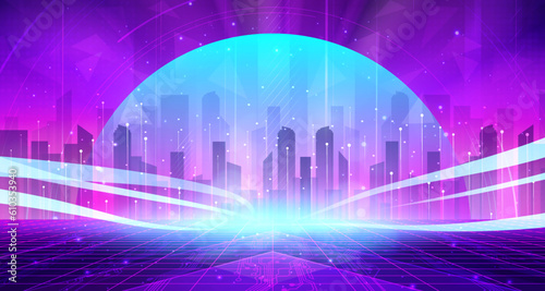Digital technology metaverse neon blue pink purple background, cyber information, abstract speed connect communication, retro future meta tech, internet network connection, Ai big data illustration 3d