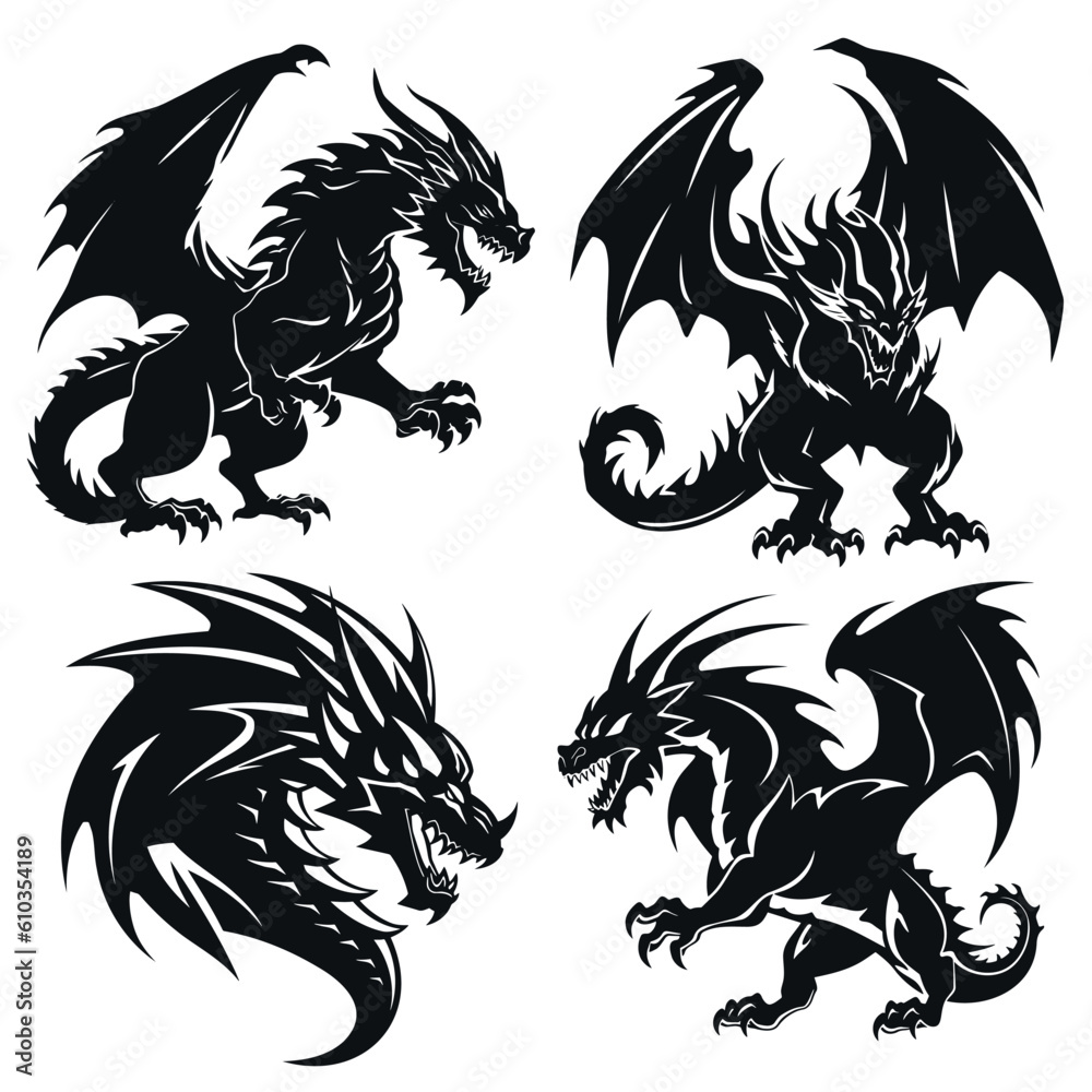 Fototapeta premium Set of the Chinese dragons, tribal tattoo