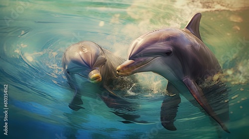 illustration of cute two dolphin in ocean look lovely play togethern, Generative Ai