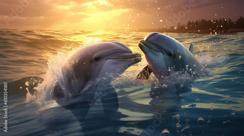illustration of cute two dolphin in ocean look lovely play togethern, Generative Ai photo