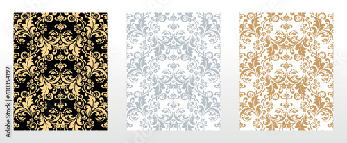 Wallpapers in the style of Baroque. Seamless vector backgrounds. Set of colored floral ornaments. Graphic patterns for fabric, wallpaper, packaging. Ornate Damask flower ornaments
