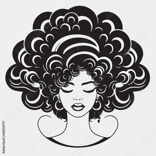 African pretty woman with afro and bun hairstyle portrait. Silhouette on white background. Vector. photo