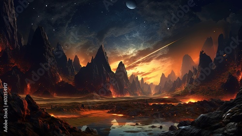 art illustration banner background panorama nature landscape with galaxy sky, Generative Ai