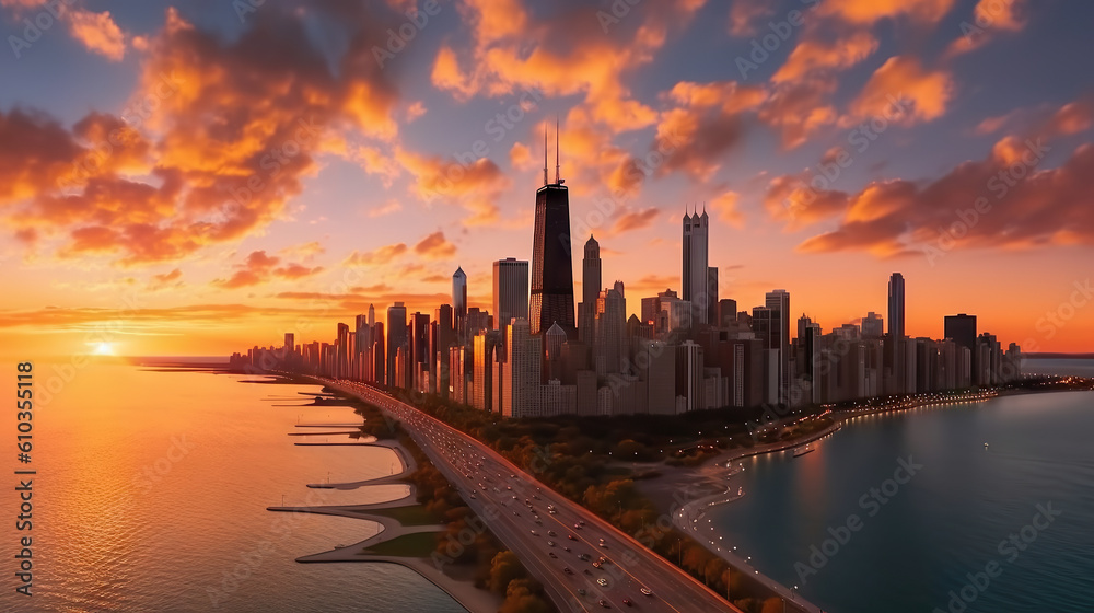 Aerial view of Chicago skyline at sunset, US. Generative AI.