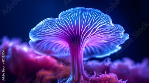 Vibrant purple and blue bioluminescent mushroom created with Generative AI technology