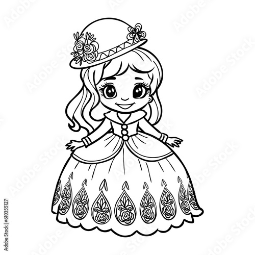 Cute cartoon girl dressed ball dress and tiara outline for coloring on a white background