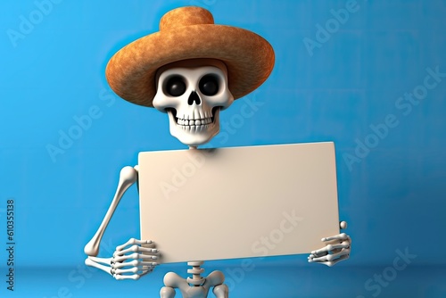 Cute Carton Skelton Character Holding a Blank Sign for Halloween or Day of the Dead. Generative AI photo