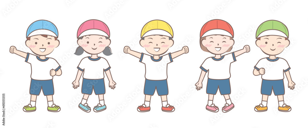体操服の子供たち　全身　カラー帽子