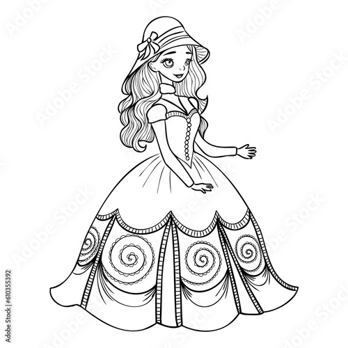 Cute cartoon girl dressed ball dress and tiara outline for coloring on a white background