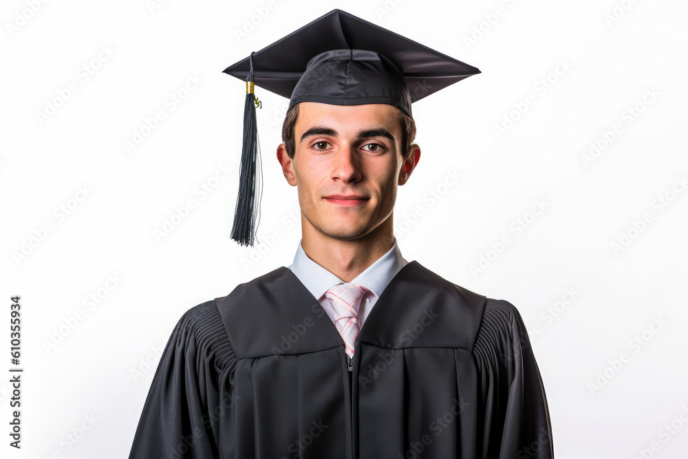Portrait of a male valedictorian dressed in black academic dress on a white background, very high honor. Generative AI