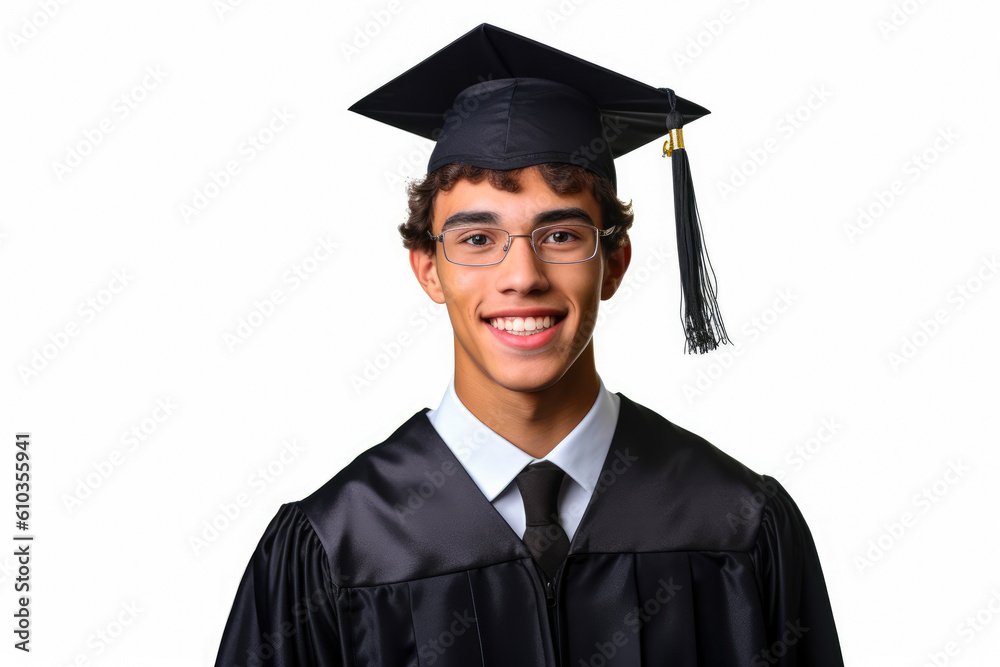 Portrait of a smiling male valedictorian dressed in black academic dress on a white background, very high honor. Generative AI Portrait of a smiling male valedictorian dressed in black academic dress on a white background, very high honor. Generative AI
