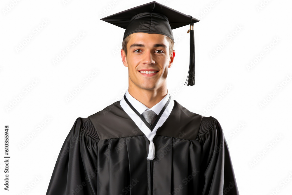 Portrait of a smiling male valedictorian dressed in black academic dress on a white background, very high honor. Generative AI Portrait of a smiling male valedictorian dressed in black academic dress on a white background, very high honor. Generative AI