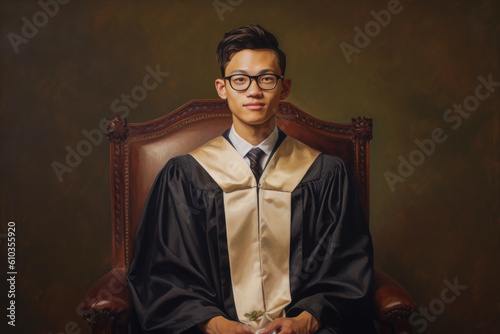 Portrait of a asian american male valedictorian dressed in black academic dress, very high honor, end of high school. Generative AI © MVProductions