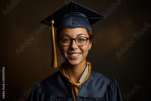 Portrait of a smiling female valedictorian dressed in blue academic dress, very high honor. Generative AI photo