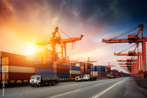 container cargo freight landscape at sunset
