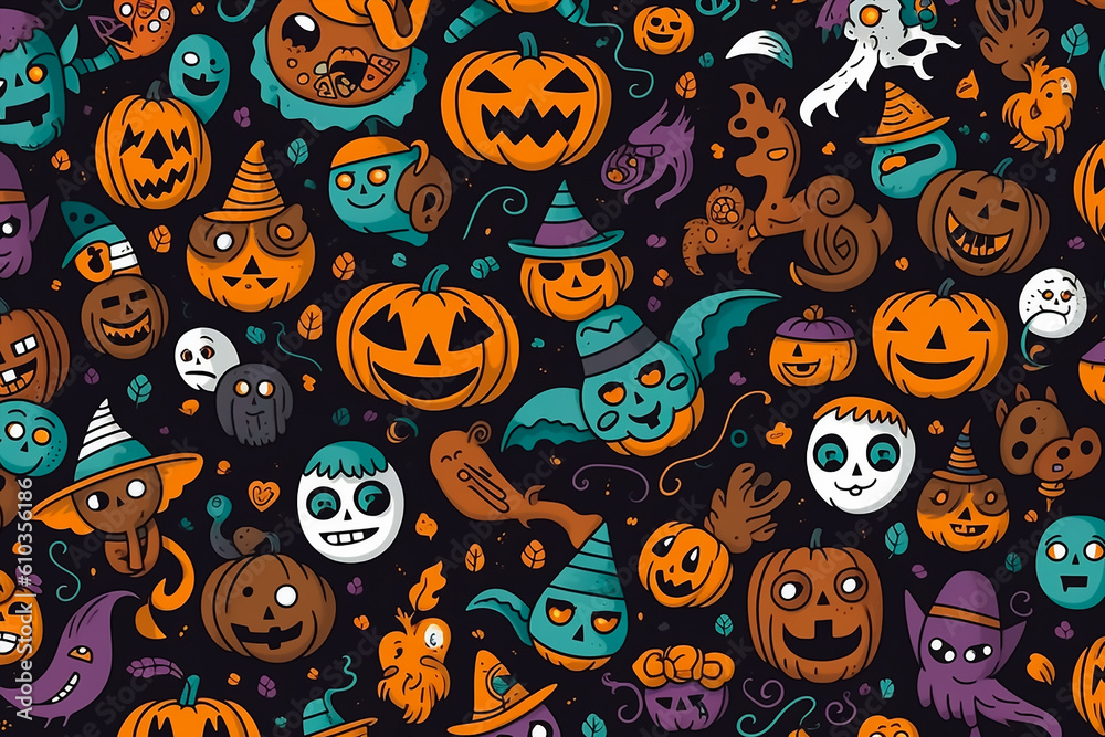 Vector Halloween seamless pattern with ghost and pumpkin, Generative AI Vector Halloween seamless pattern with ghost and pumpkin, Generative AI